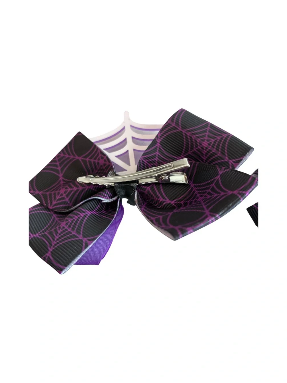 2 Purple Spiderweb Hair Bow Clips - Kids Costume Accessory